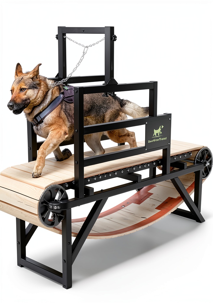 BowWowTread dog treadmill in a home setting with wood and steel design