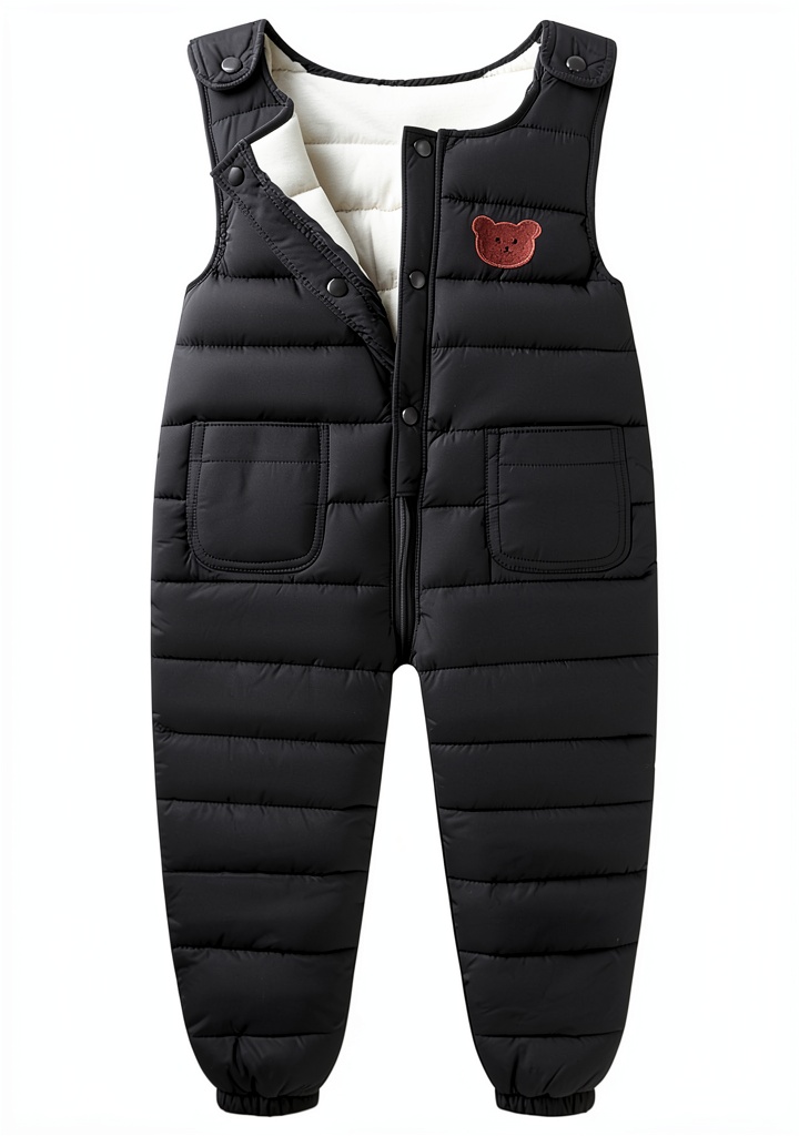 Baby wearing the fleece snowsuit in a snowy outdoor setting