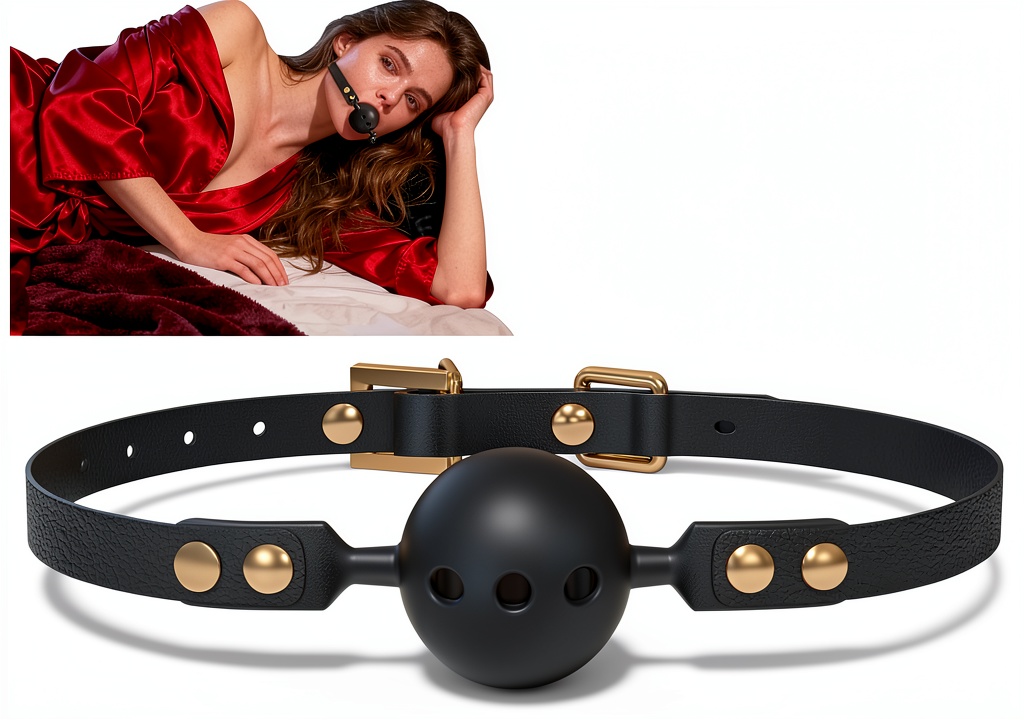 Close‑up of Sexchemist silicone leather gag showing silicone ball and leather strap