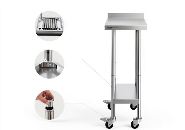 VEVOR Stainless Steel Prep Table, 24 x 15 x 35 Inch, 440lbs Load Capacity Heavy Duty Metal Worktable with Backsplash Adjustable Undershelf & 4 Casters, Commercial Workstation for Kitchen Restaurant-7