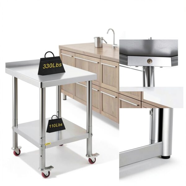 VEVOR Stainless Steel Prep Table 24x24 Inch Heavy Duty with Undershelf-4
